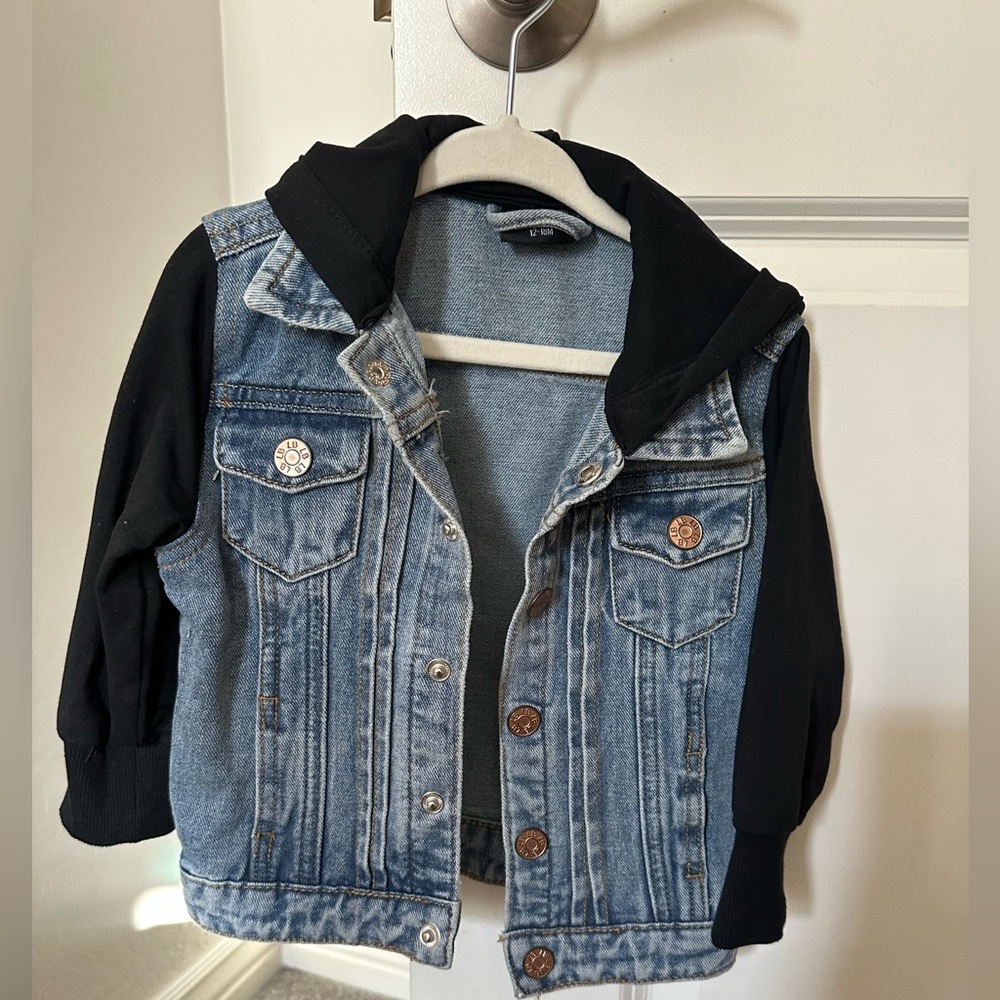 Little Bipsy Blue Denim Jean Jacket Hooded Black Cotton Long Sleeves 12-18 MO